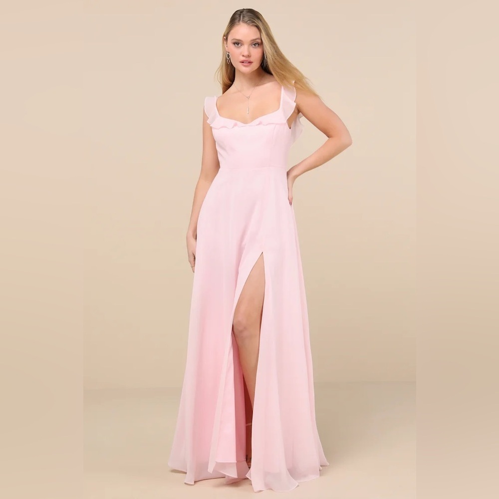 Lulus Dreamy Admiration Light Pink High Slit Long Maxi Dress Ruffle Formal Gown